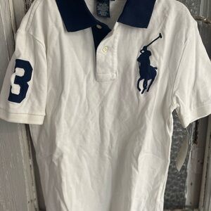 Boys Kids White Polo Shirt with Navy Accents size small 8